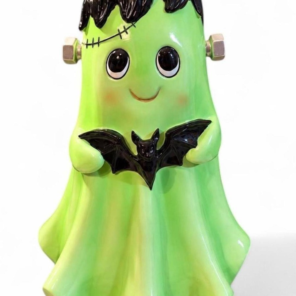 Ghoulish Cute Frankenstein Ghost Figurine with Bat Halloween Decor Cute Goth